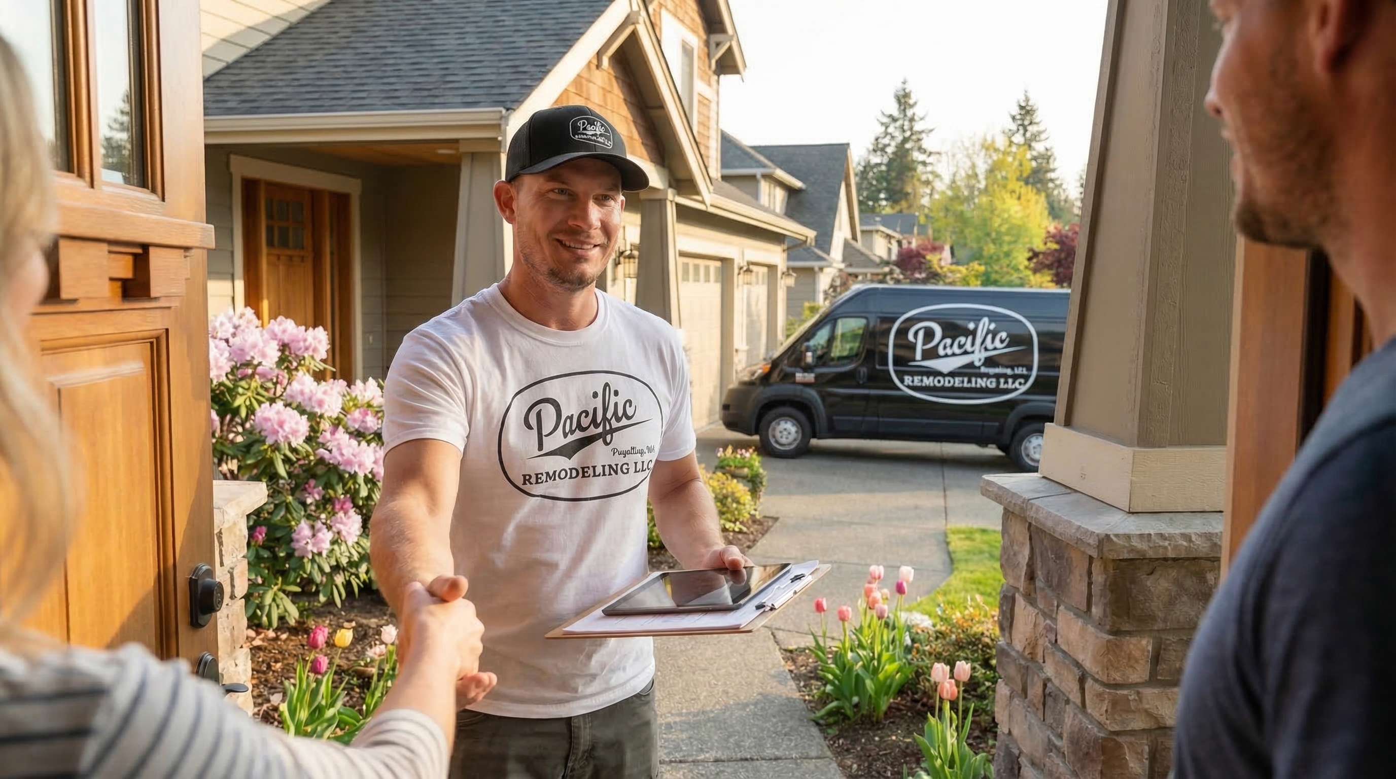 Brad Zemke greeting homeowners for a free remodeling consultation in Puyallup