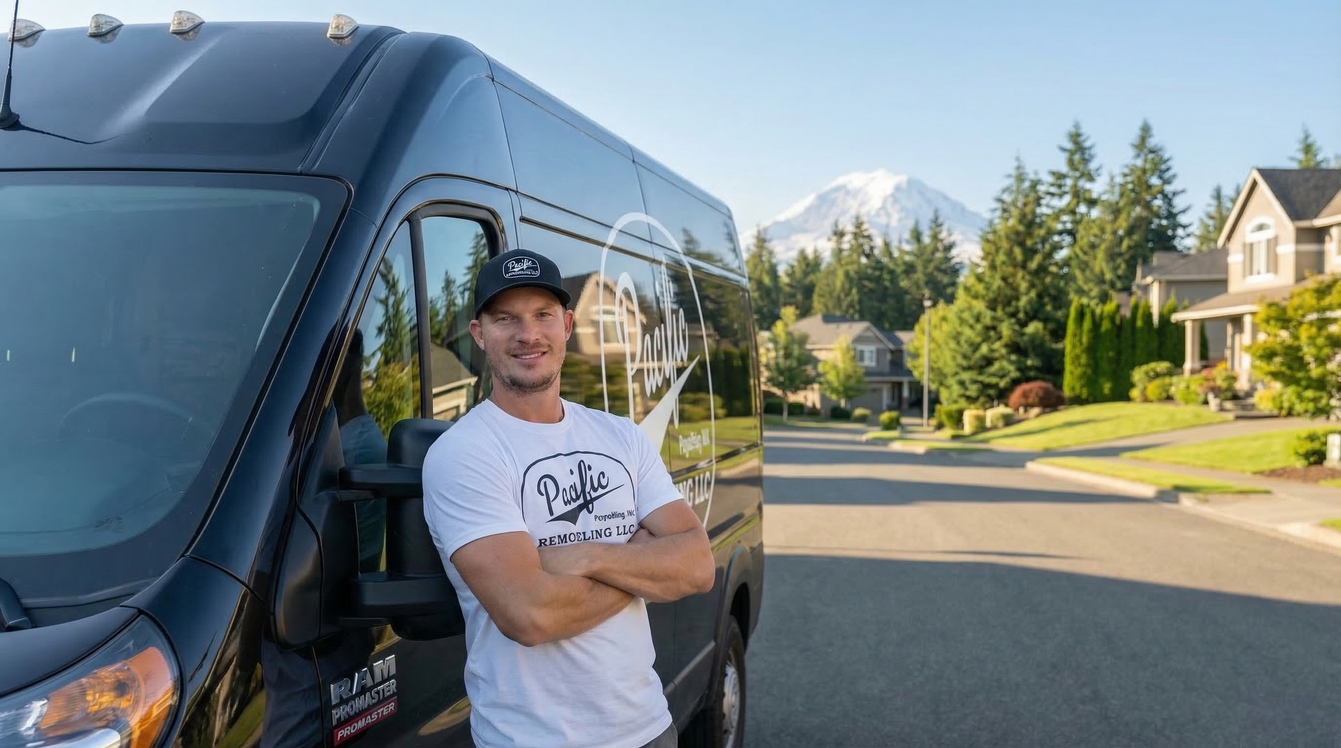 Brad Zemke standing by the Pacific Remodeling LLC van in a Puyallup neighborhood with Mount Rainier