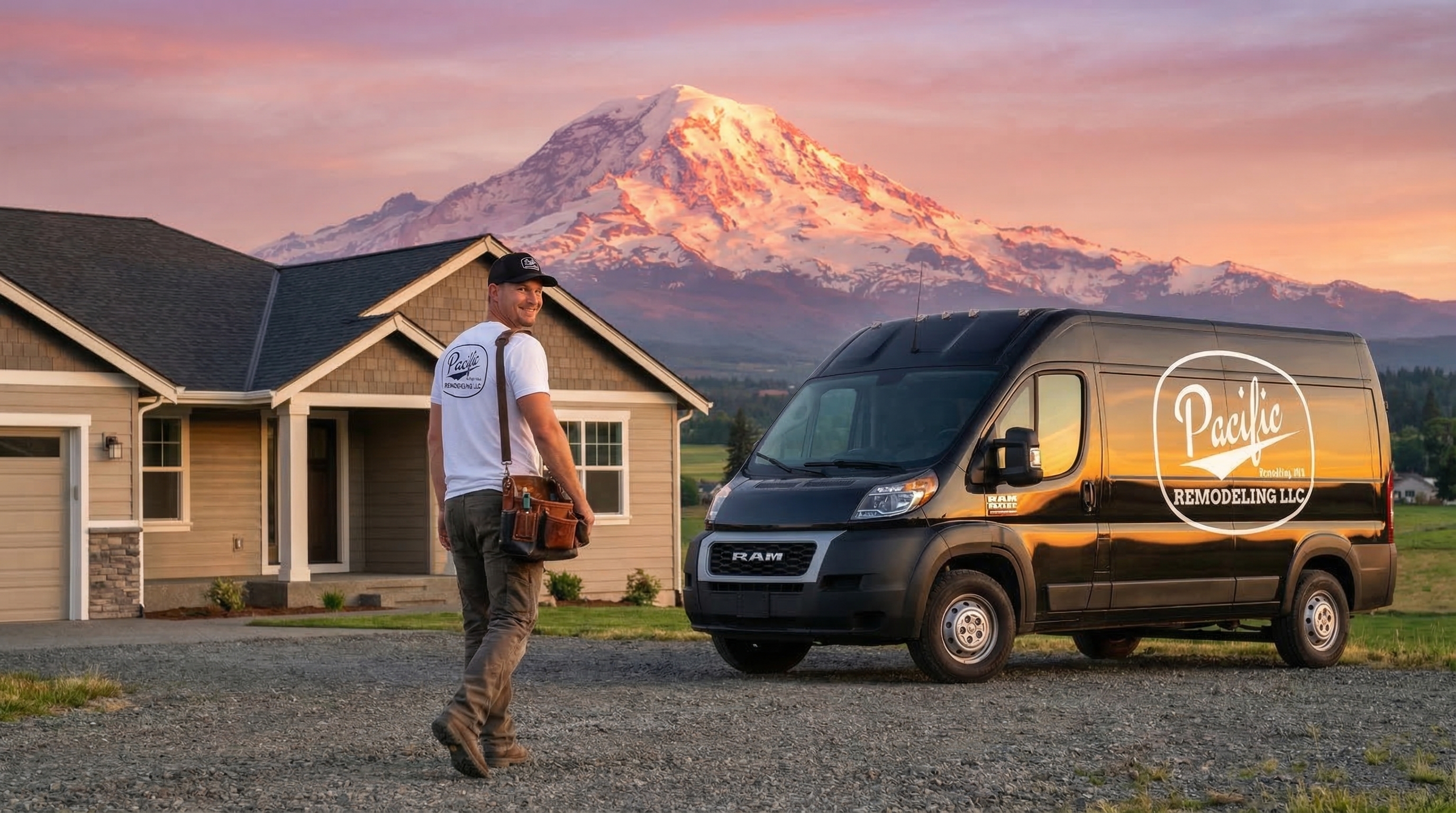 Brad Zemke walking from a completed remodeling job to his Pacific Remodeling van at sunset with Mount Rainier
