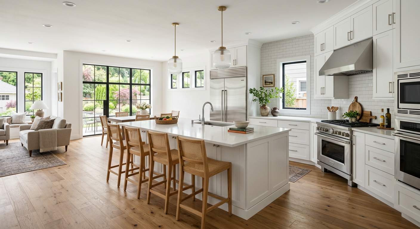 Open concept kitchen with island and modern finishes