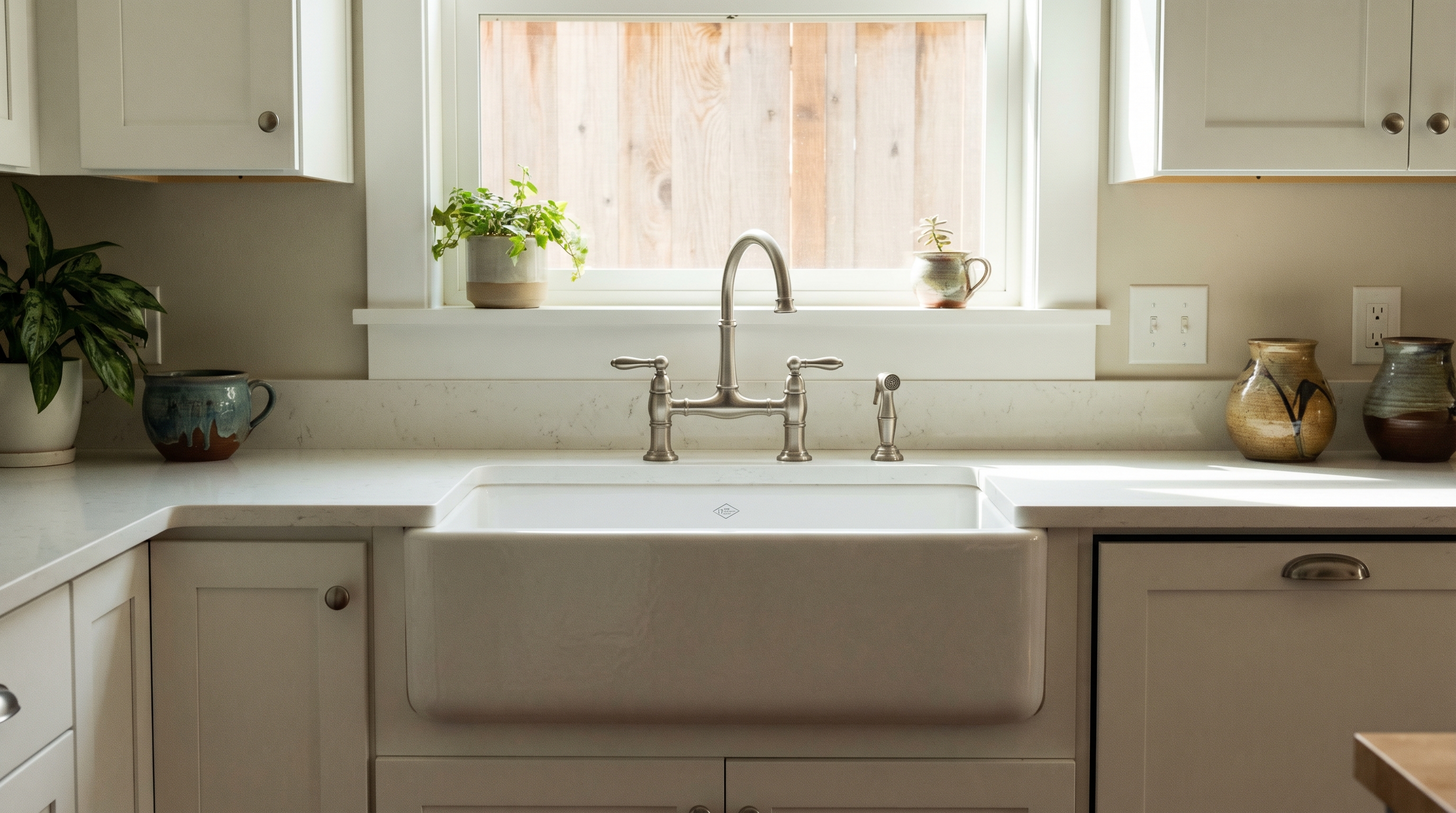 White fireclay apron-front farmhouse sink installed in shaker cabinet with bridge faucet and quartz countertop
