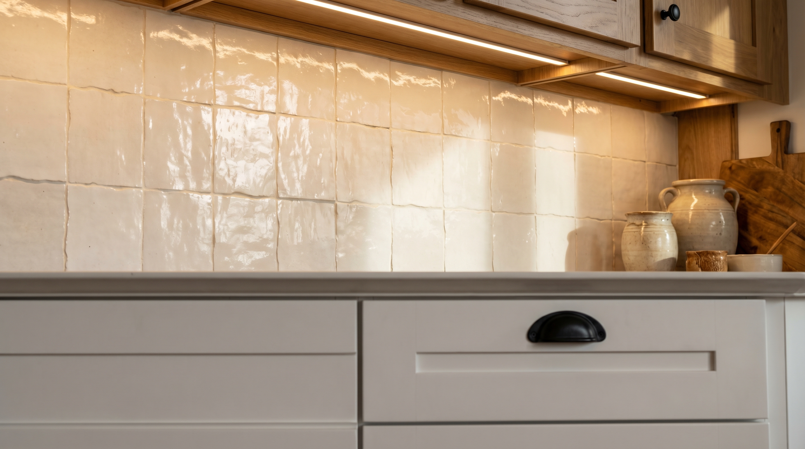 Close-up detail photograph of a farmhouse kitchen backsplash using handmade Zellige-style tiles in creamy off-white with slig