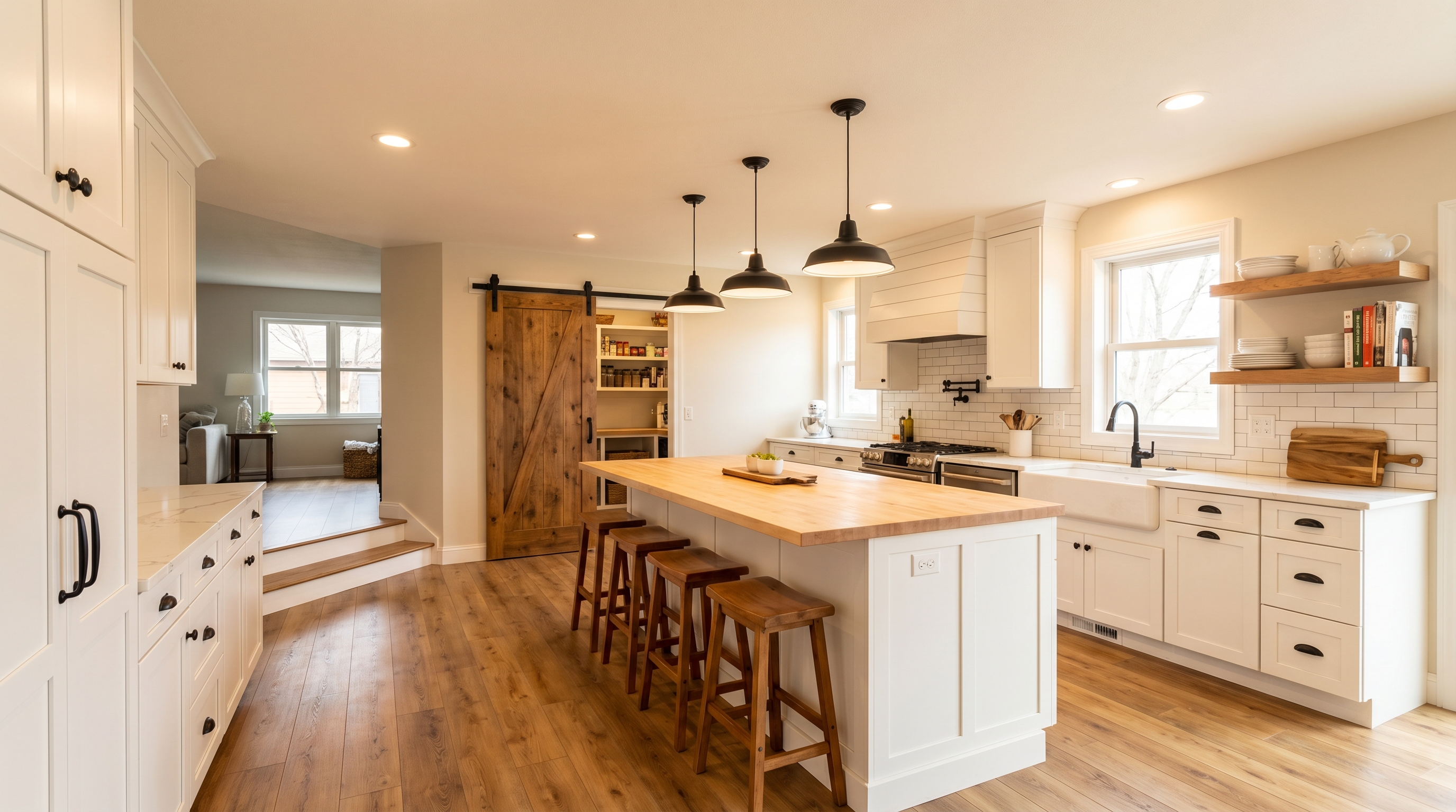 Wide-angle photograph of a completed open-concept farmhouse kitchen remodel in a Pierce County split-level home