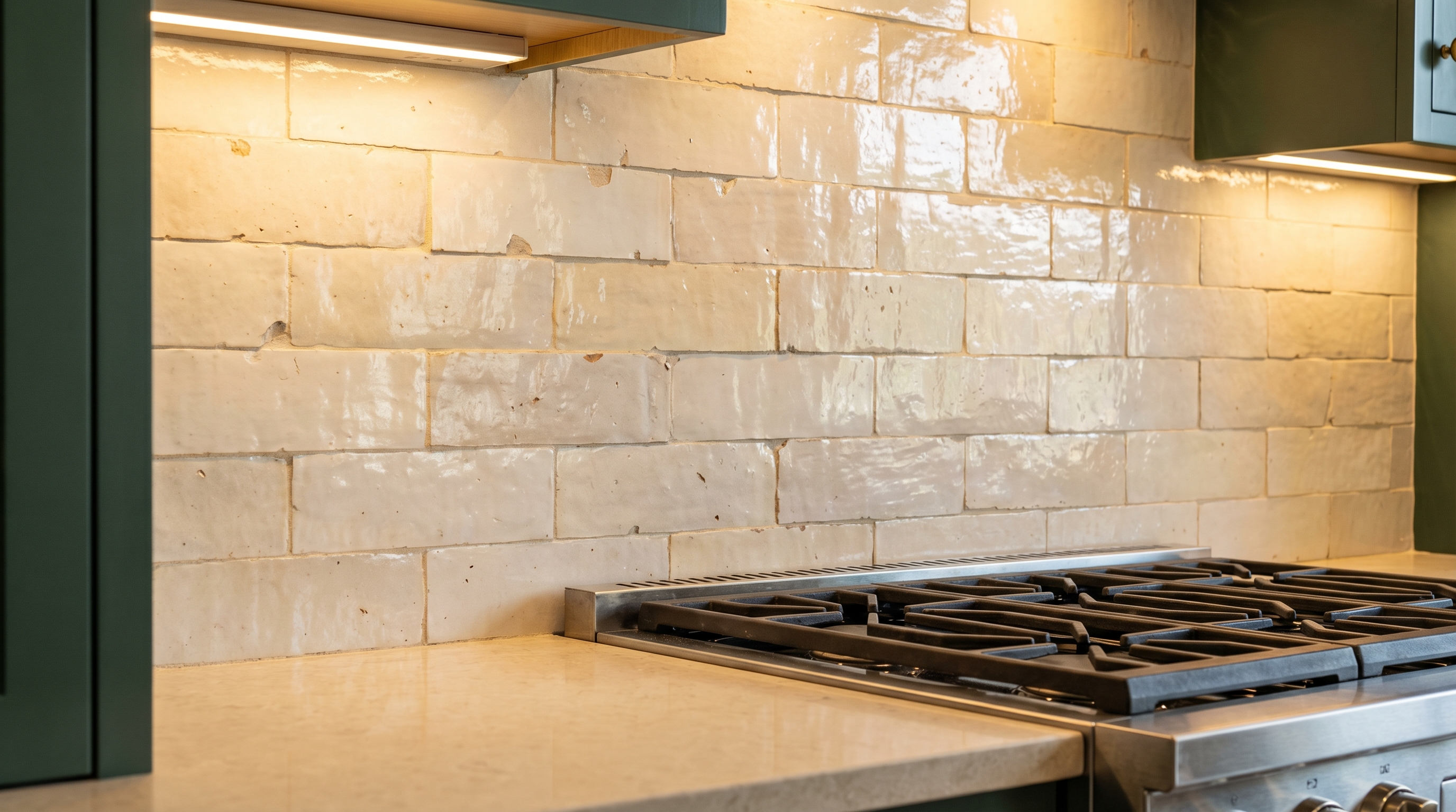 Zellige handmade Moroccan clay tile kitchen backsplash with irregular glaze surface catching warm under-cabinet light
