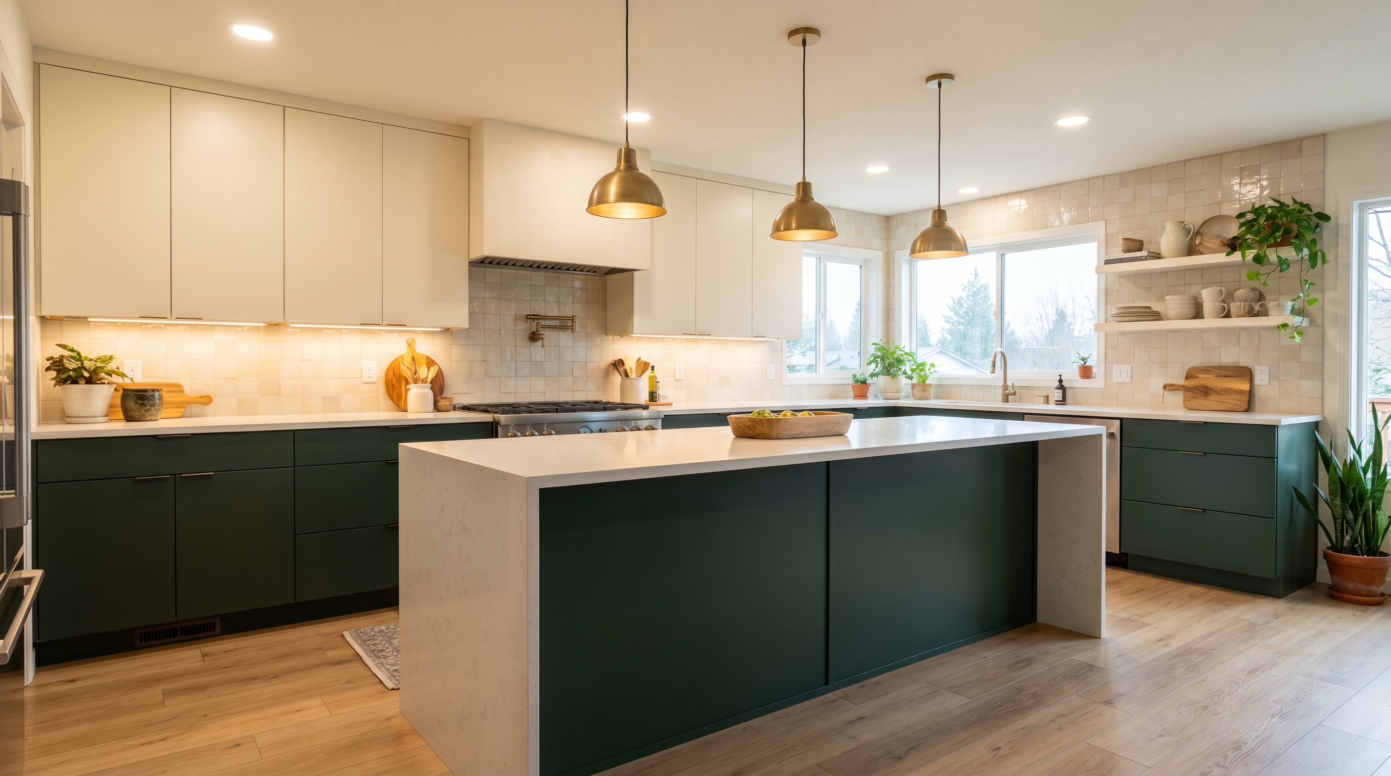 Full-room photograph of a completed organic modern kitchen remodel in a 1998 South Hill Washington home