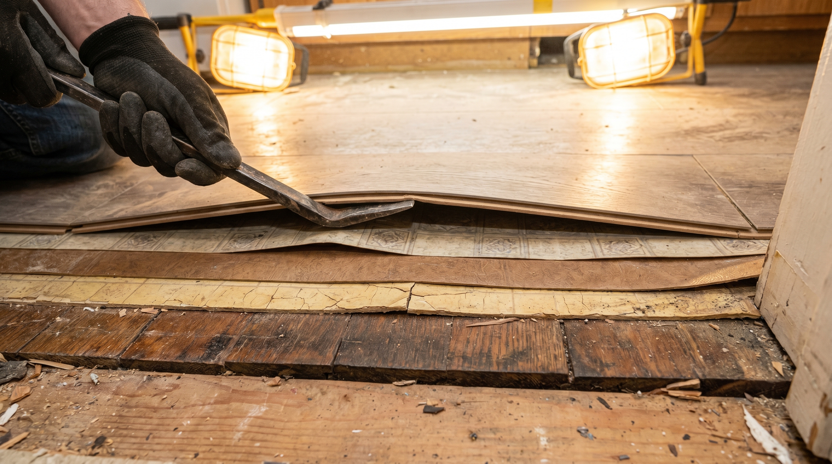 Cross-section of five stacked flooring layers being removed during kitchen demolition in a 1960s Pierce County home