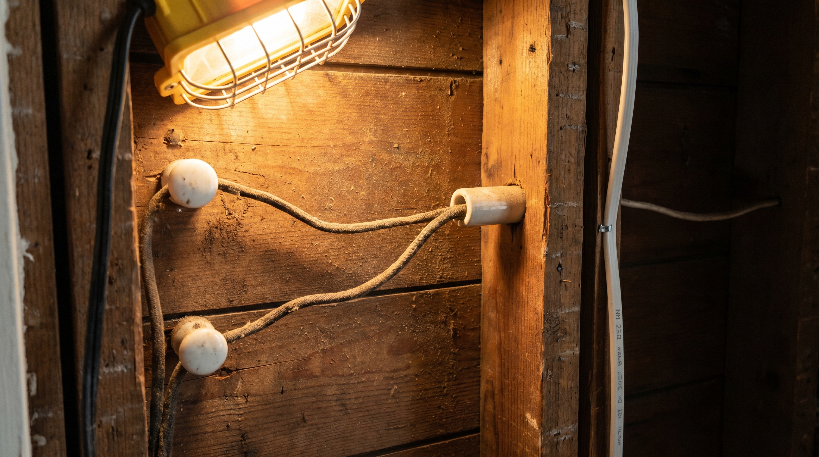 Knob-and-tube electrical wiring with ceramic knobs and tube insulators inside an open wall cavity of a pre-1950 kitchen