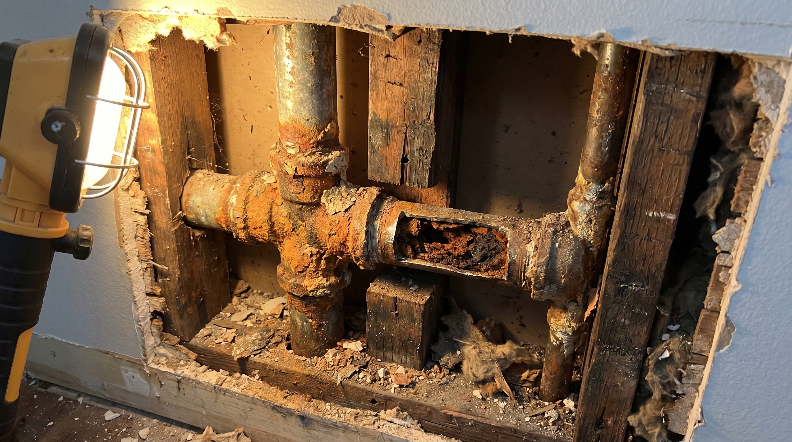 Corroded galvanized steel kitchen supply pipes with heavy rust and interior mineral buildup exposed inside open wall cavity