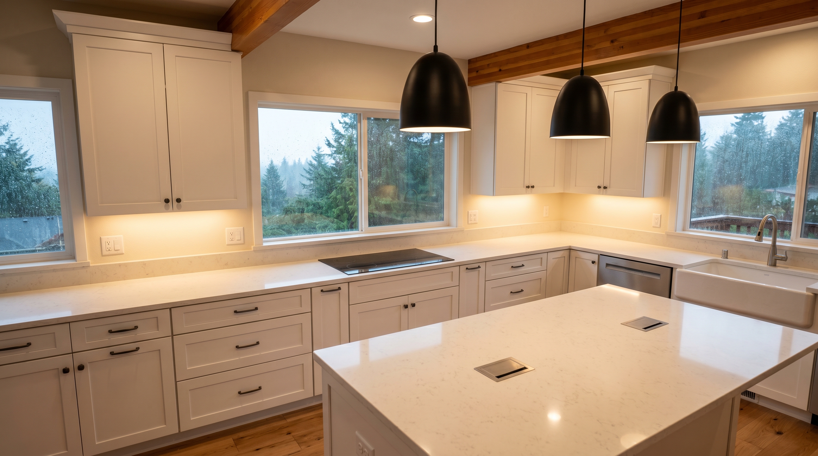 Wide-angle photograph of a completed Pacific Northwest kitchen remodel in a 1970s split-level home