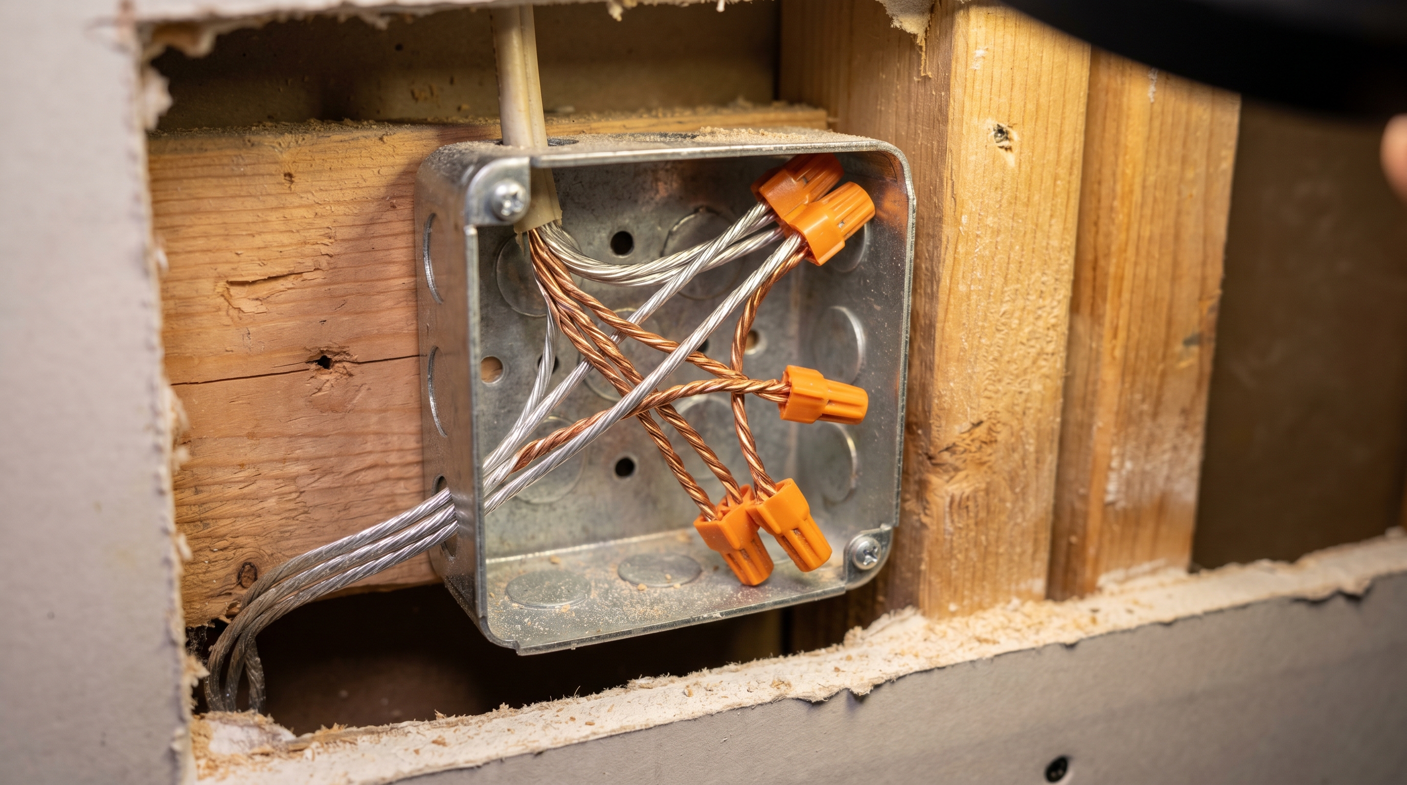 AlumiConn connectors joining aluminum branch wiring to copper pigtails inside an open kitchen junction box during remediation