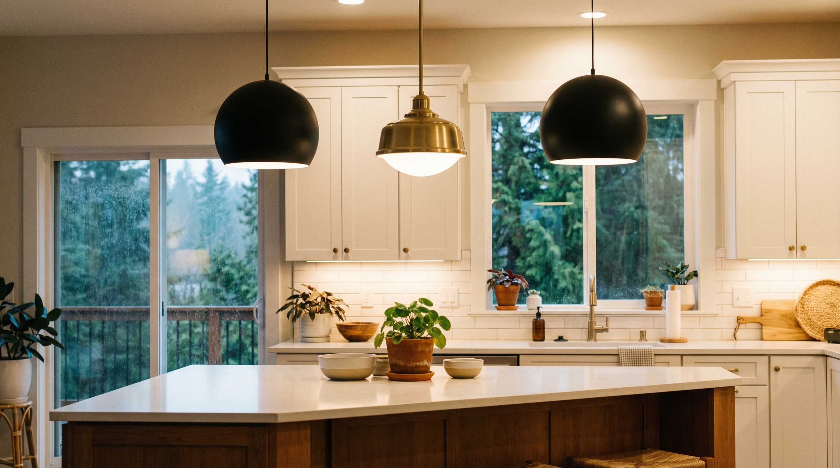 Three pendant lights hanging over kitchen island with seating