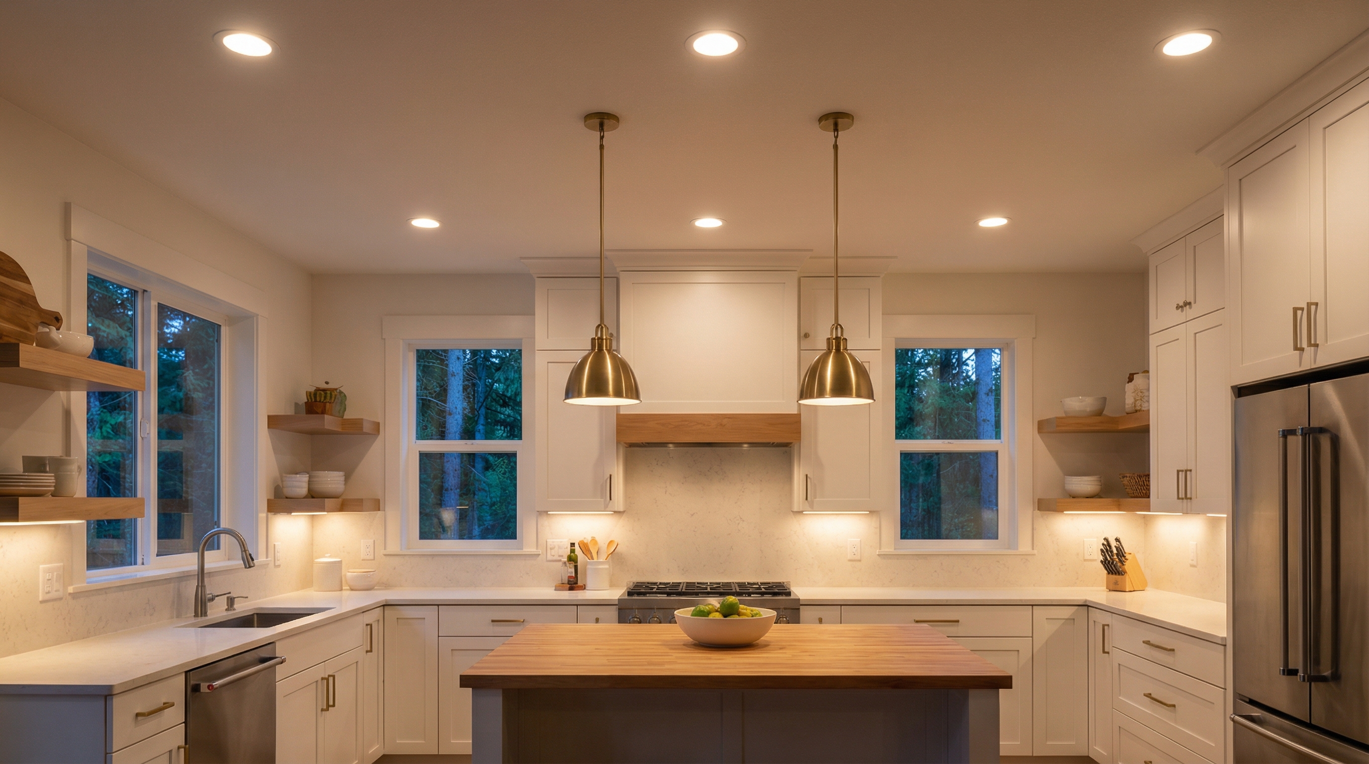 Kitchen with combined recessed ambient and under-cabinet task lighting
