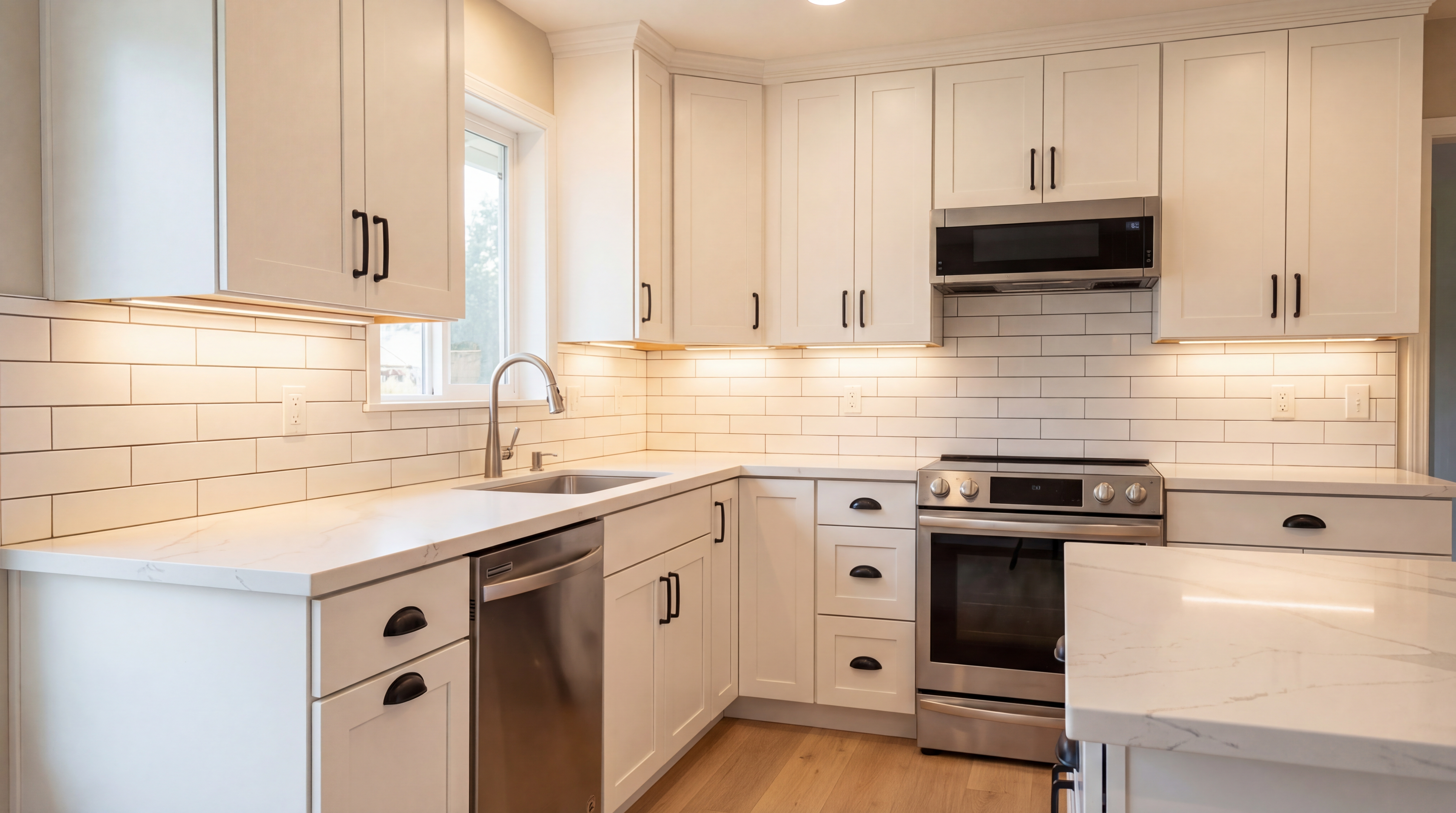 Bright residential kitchen remodel in a Pacific Northwest home showing the finished result of a targeted cosmetic refresh