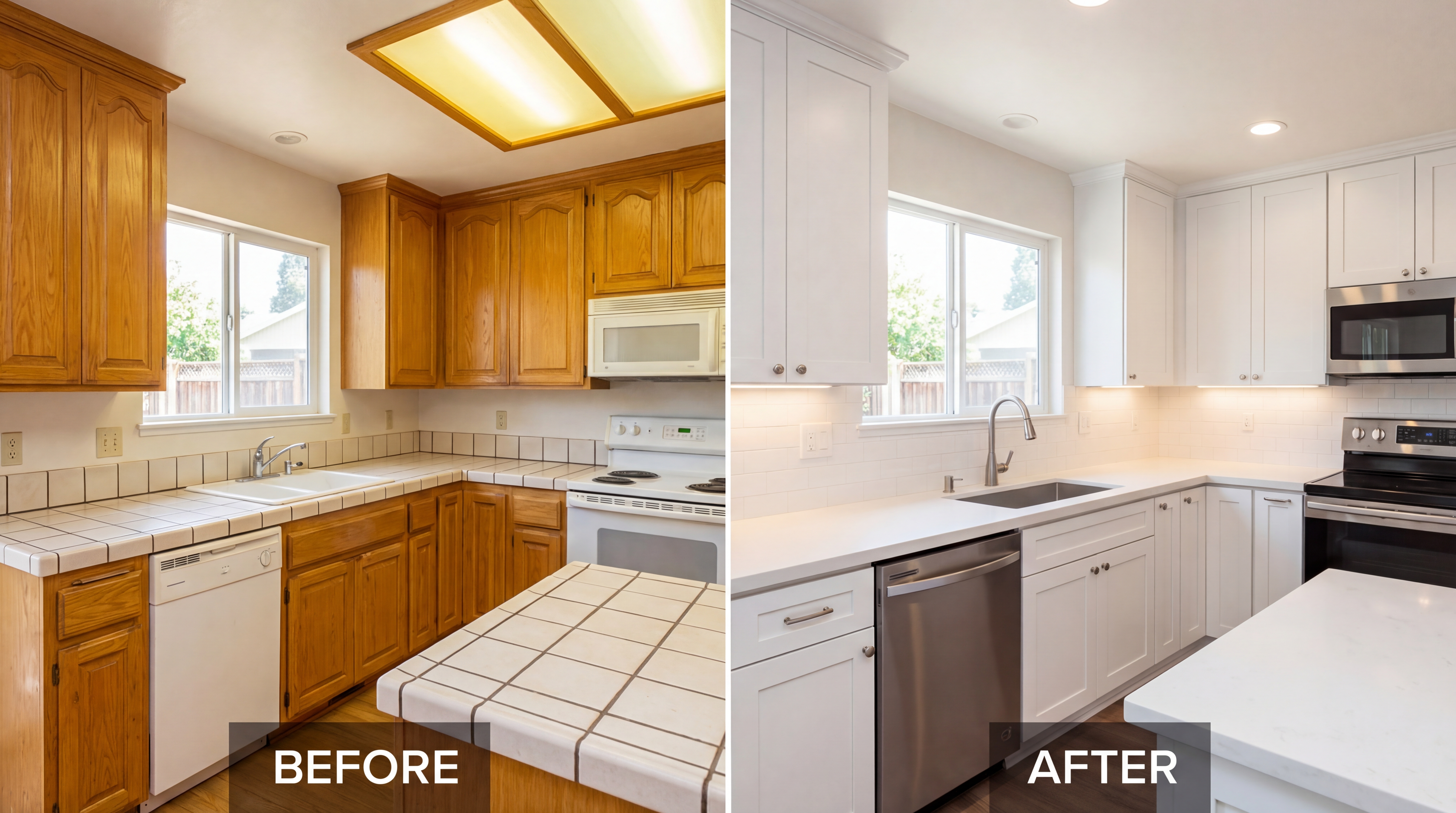 Split-frame comparison photograph showing the identical kitchen footprint in two states