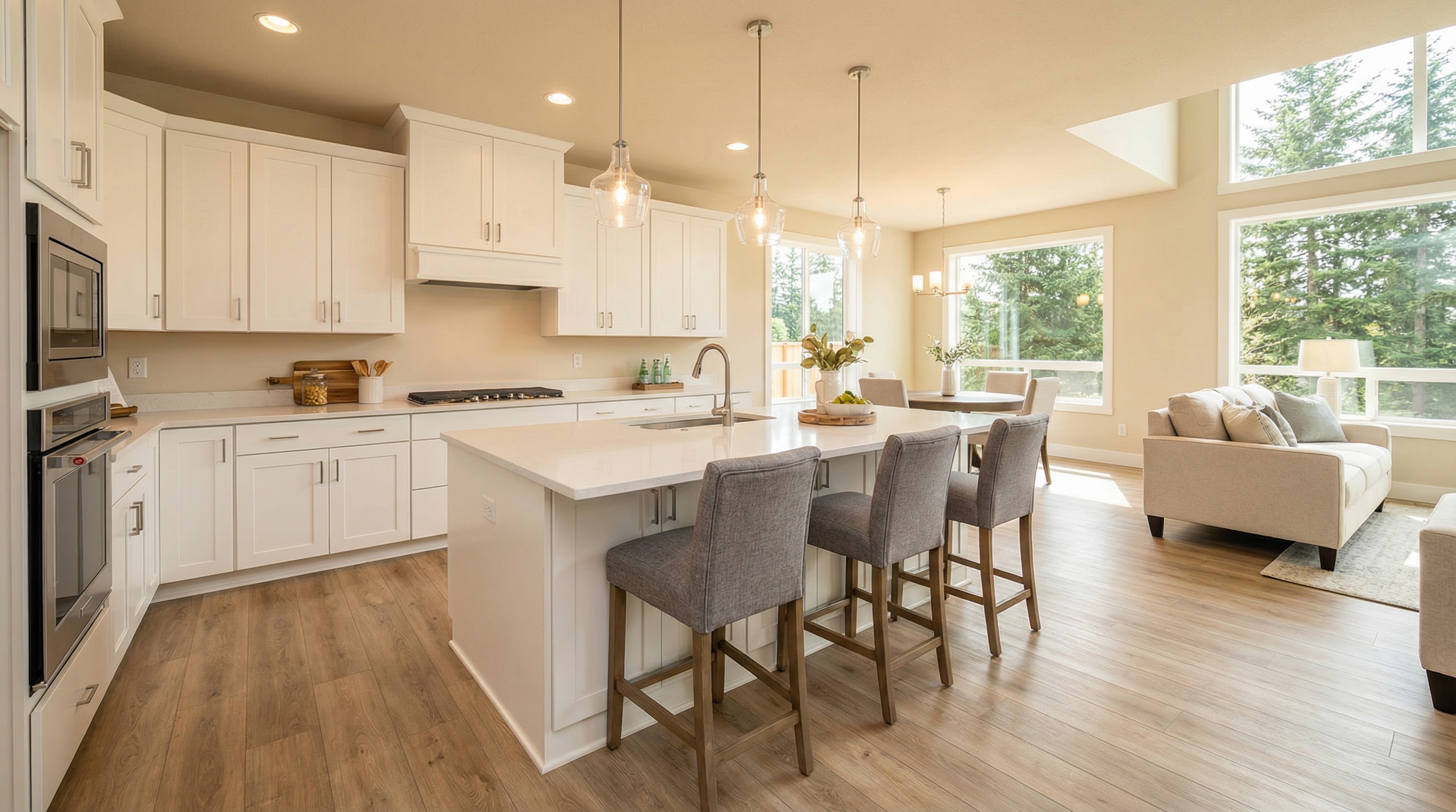 Open-concept kitchen with large quartz island and barstools opening into dining and living room great room