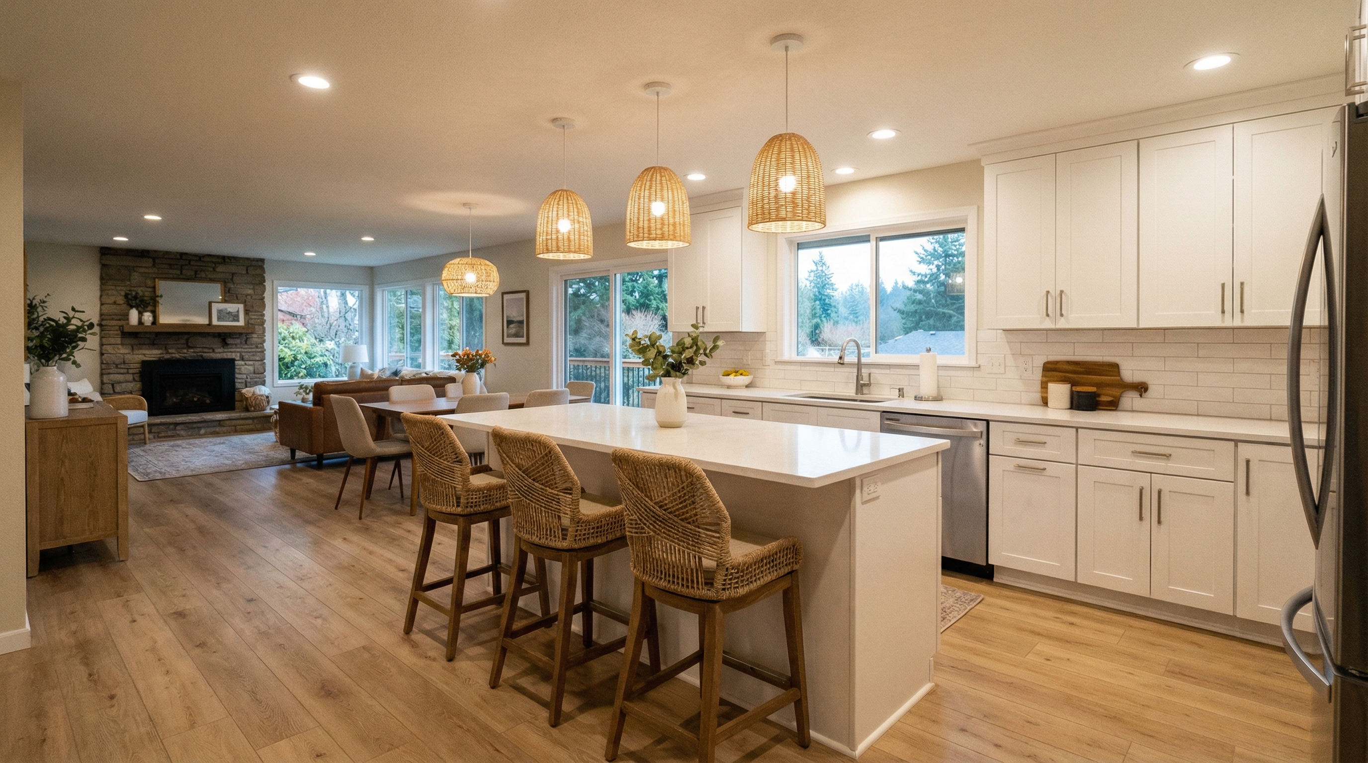 Remodeled South Hill ranch kitchen with 7-foot quartz island and white shaker cabinets opened into great room