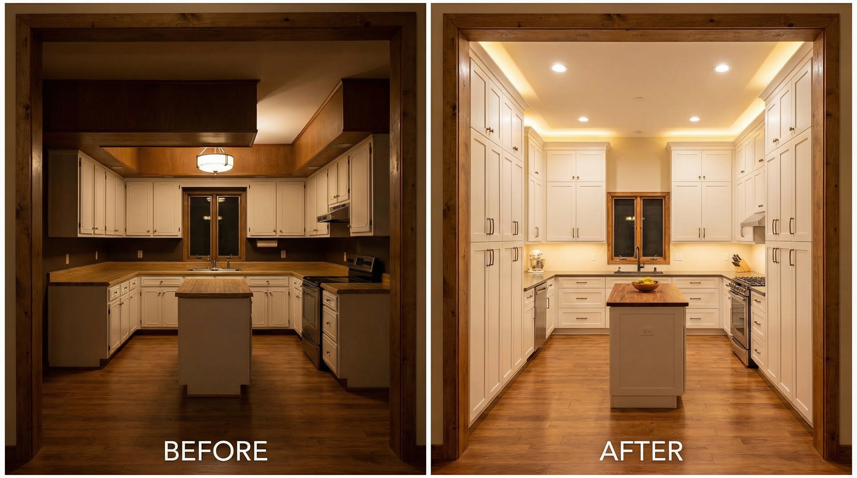 Before and after 1970s kitchen soffit removal with cabinets extended to ceiling showing dramatic height increase