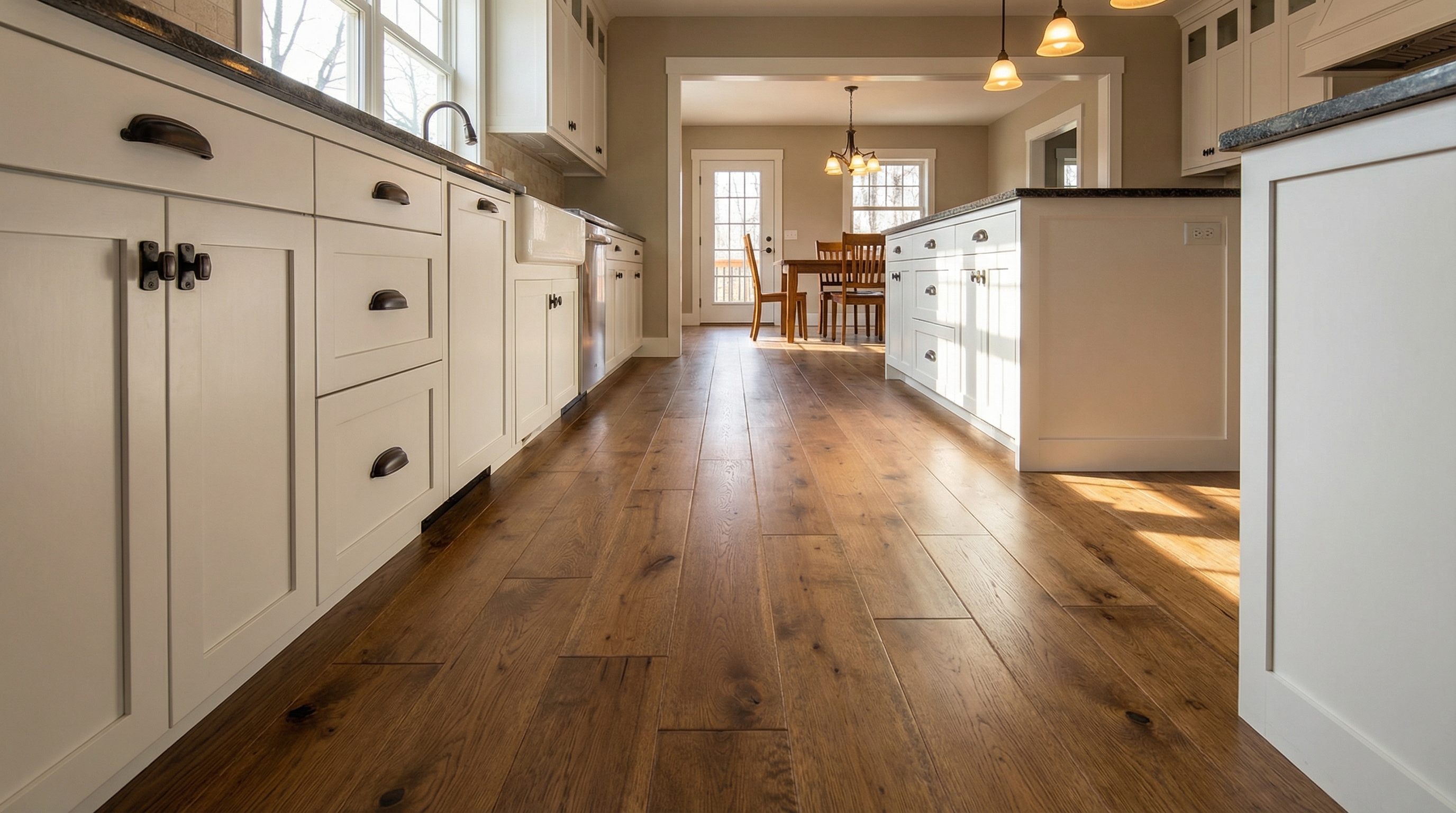 Wide-plank engineered hardwood flooring in a Craftsman-style kitchen extending into dining area with warm wood grain tones