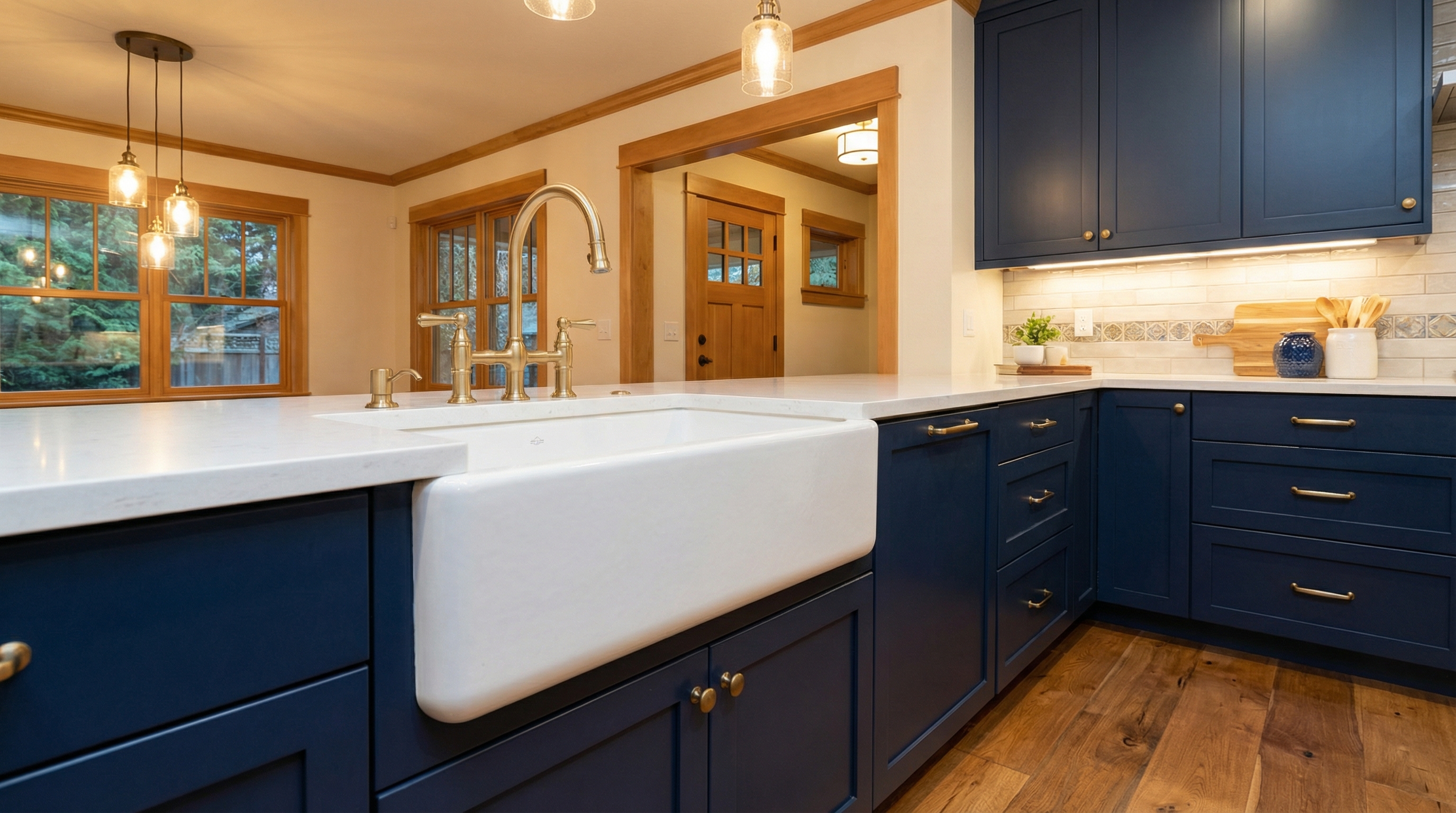 A white fireclay farmhouse apron-front sink installed in a Pacific Northwest Craftsman-style kitchen