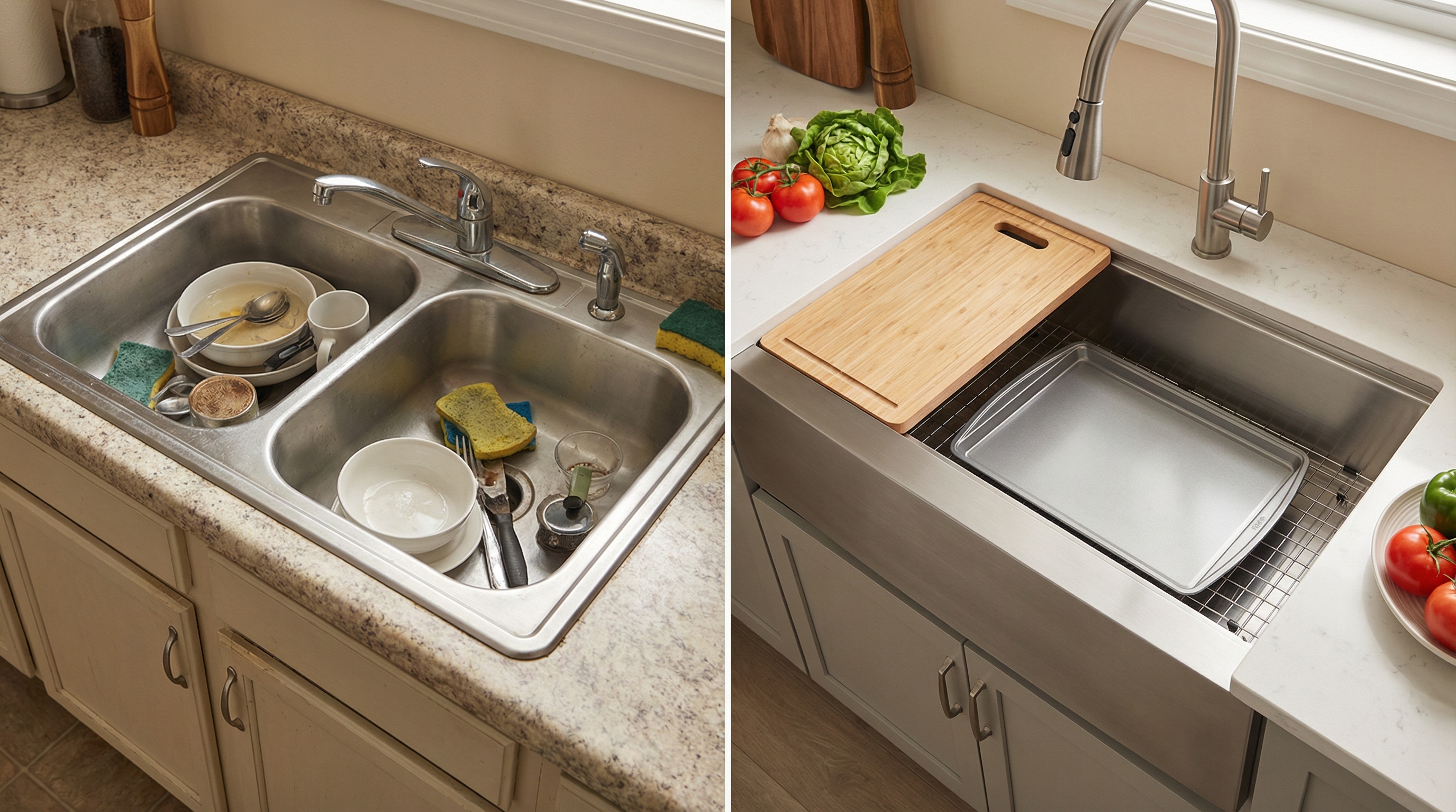 Side-by-side kitchen sink comparison photograph