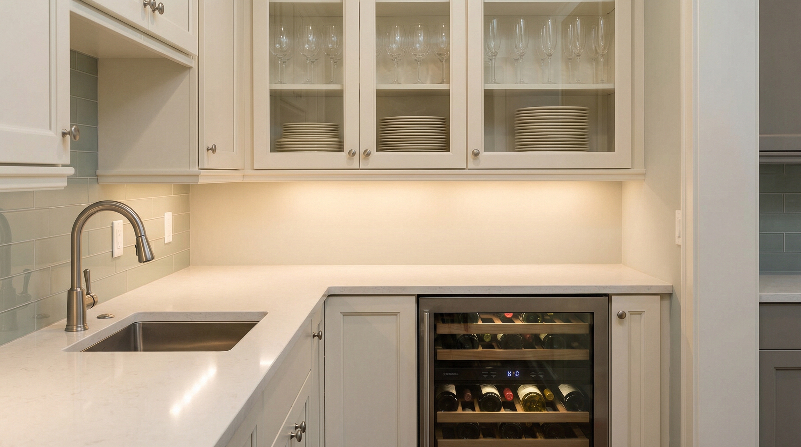 Detail photograph of butler's pantry upper cabinetry with glass-front doors in a white or off-white shaker style