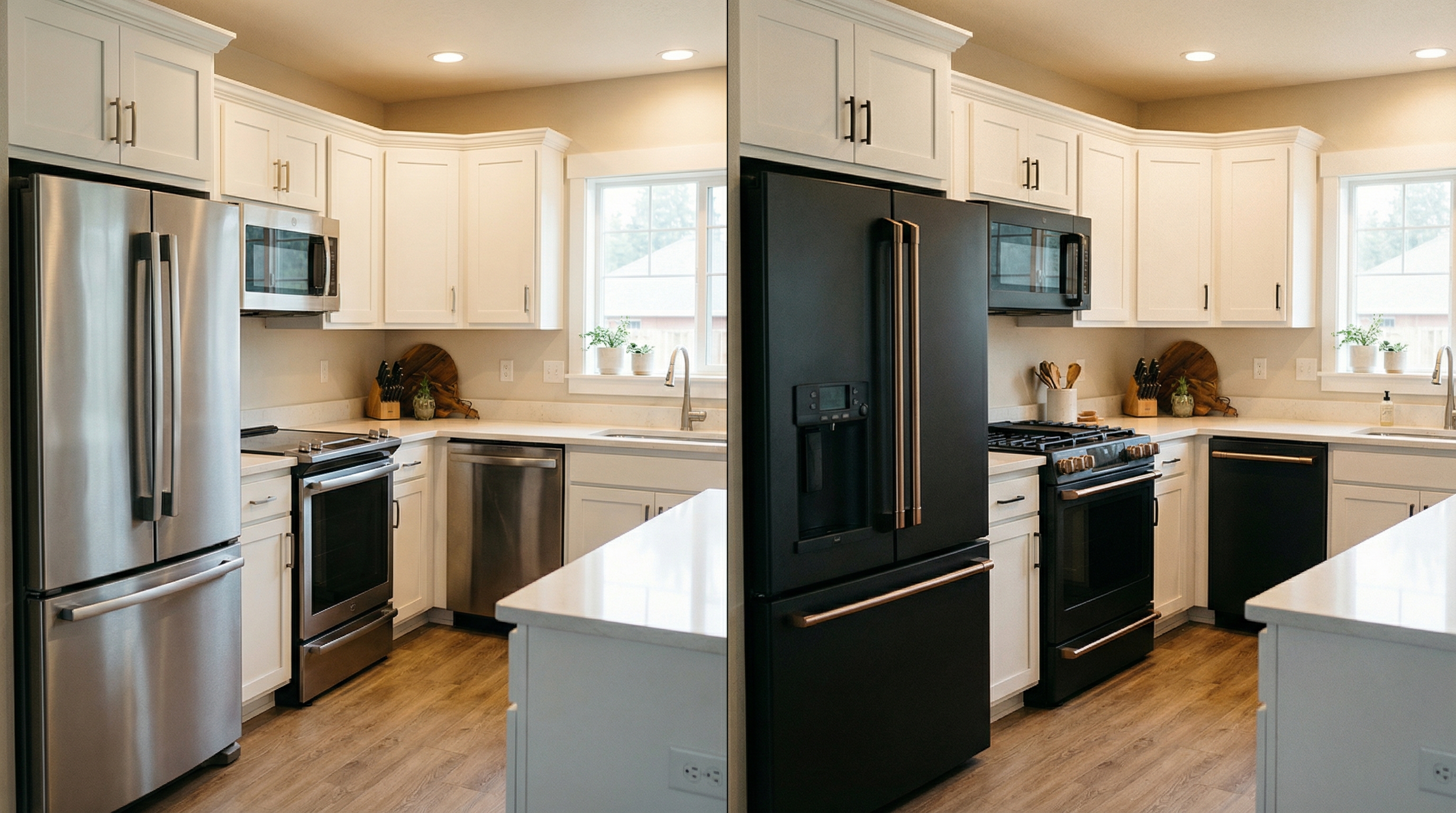 Comparison of mismatched stainless steel appliances versus a coordinated matte black Cafe appliance suite in a modern kitchen