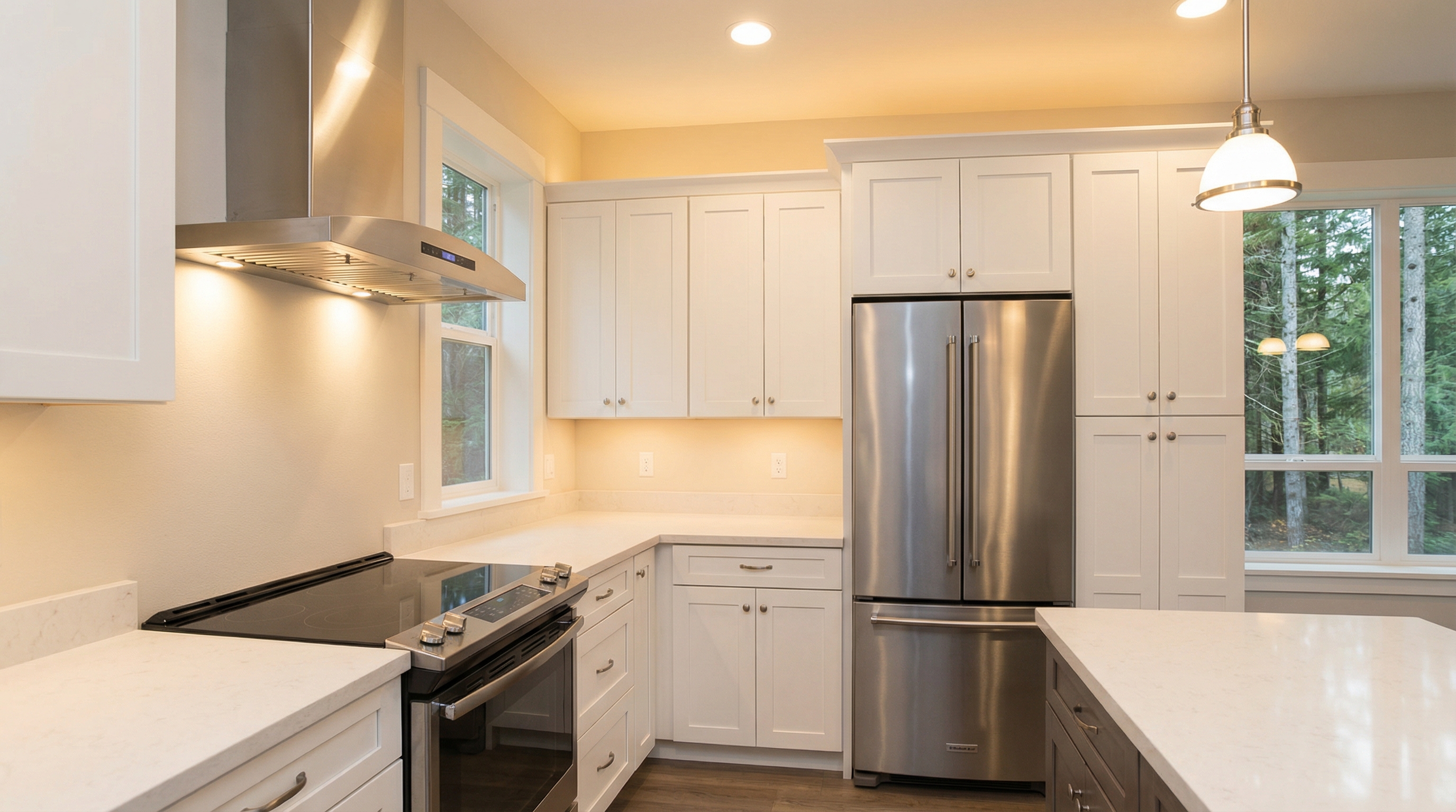 South Hill kitchen with GE Profile induction range, Zephyr wall-mount range hood, and KitchenAid counter-depth refrigerator