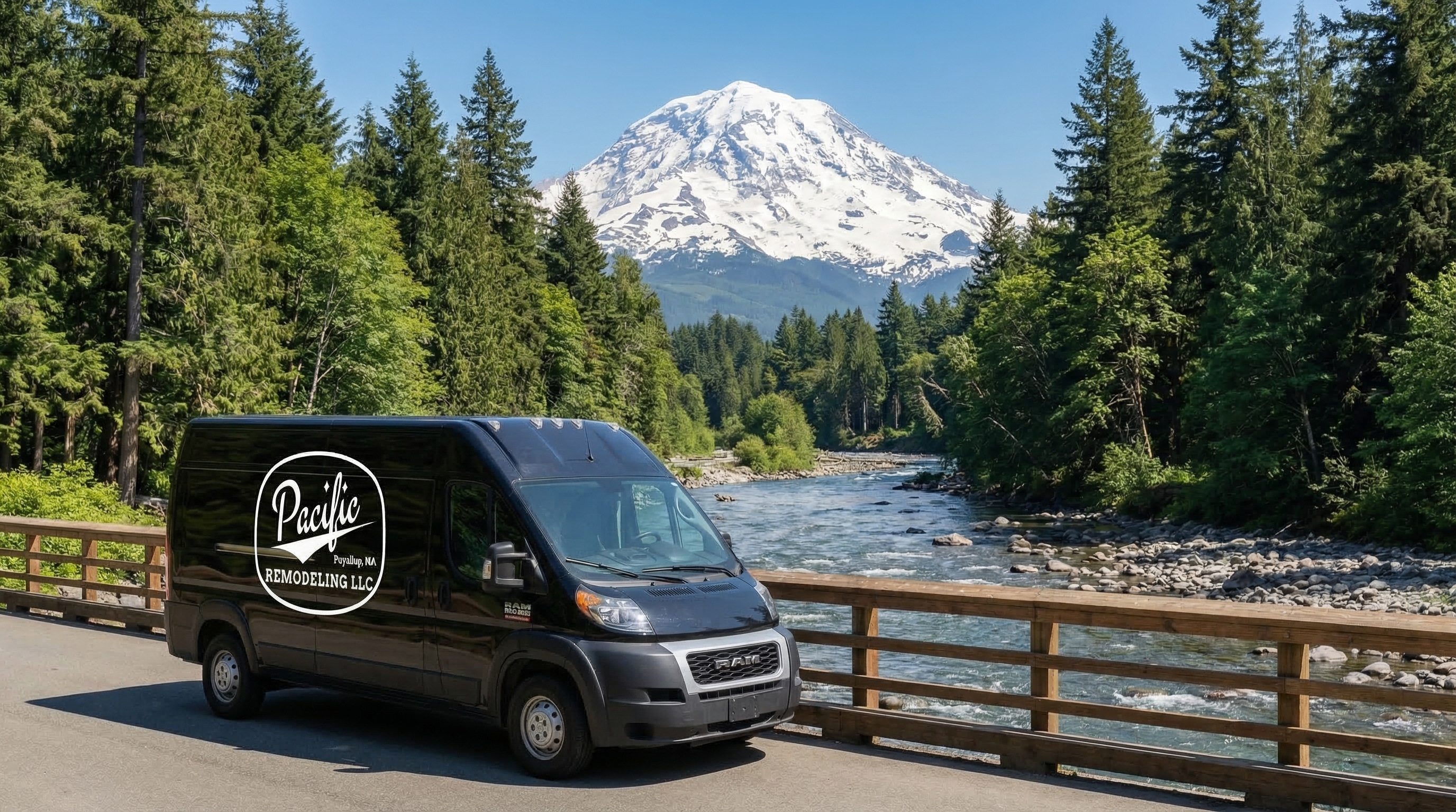 Pacific Remodeling LLC van at the Puyallup River with Mount Rainier in the background