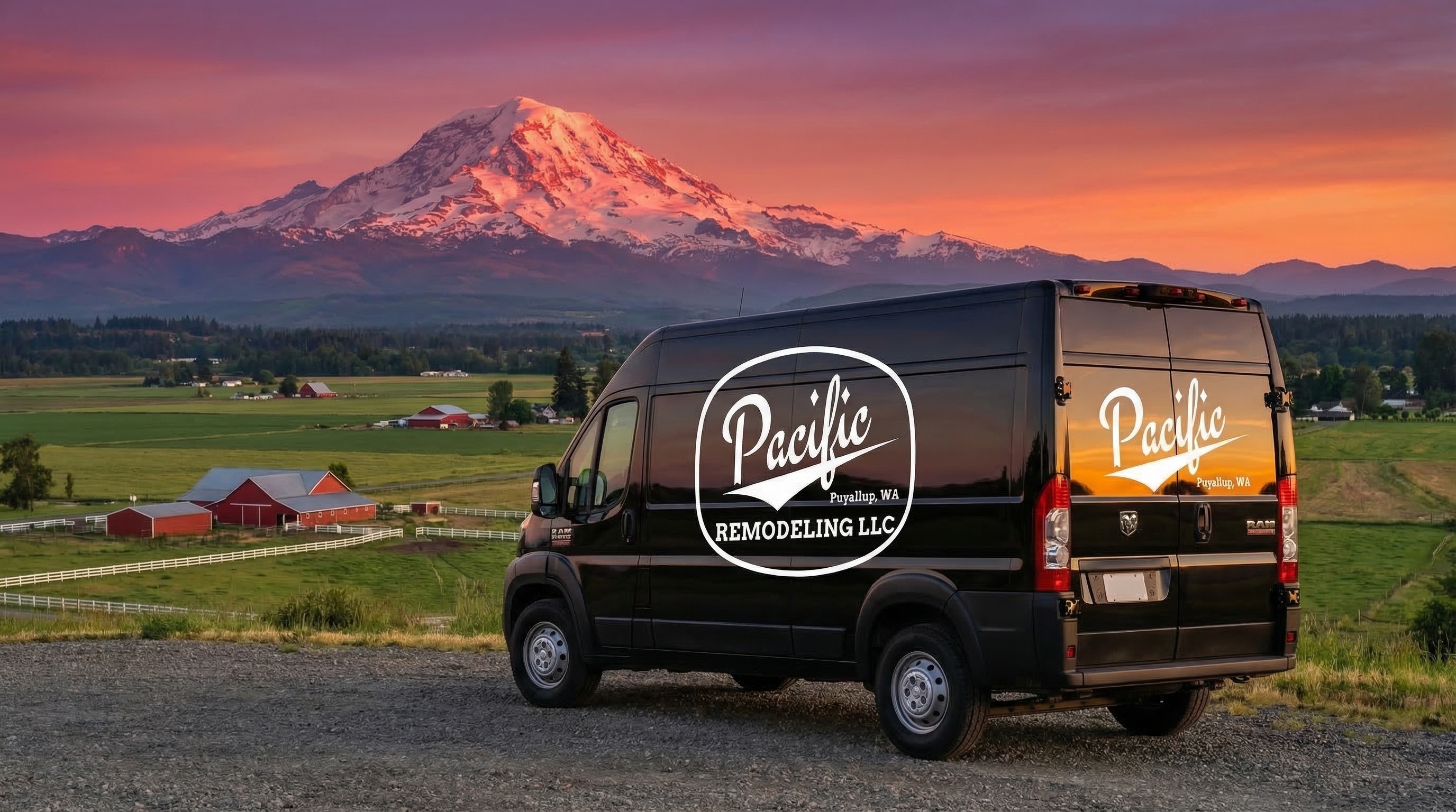 Pacific Remodeling LLC van at sunset overlooking Puyallup Valley farmland with Mount Rainier glowing in alpenglow